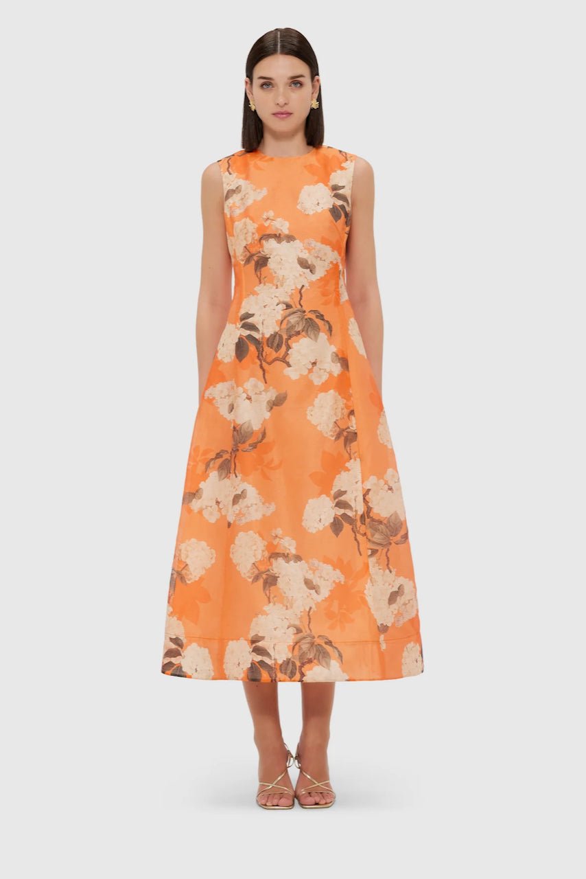 Leo Lin Cleo Sleeveless Midi Dress - Hydrangea Print in Tangerine photo 4