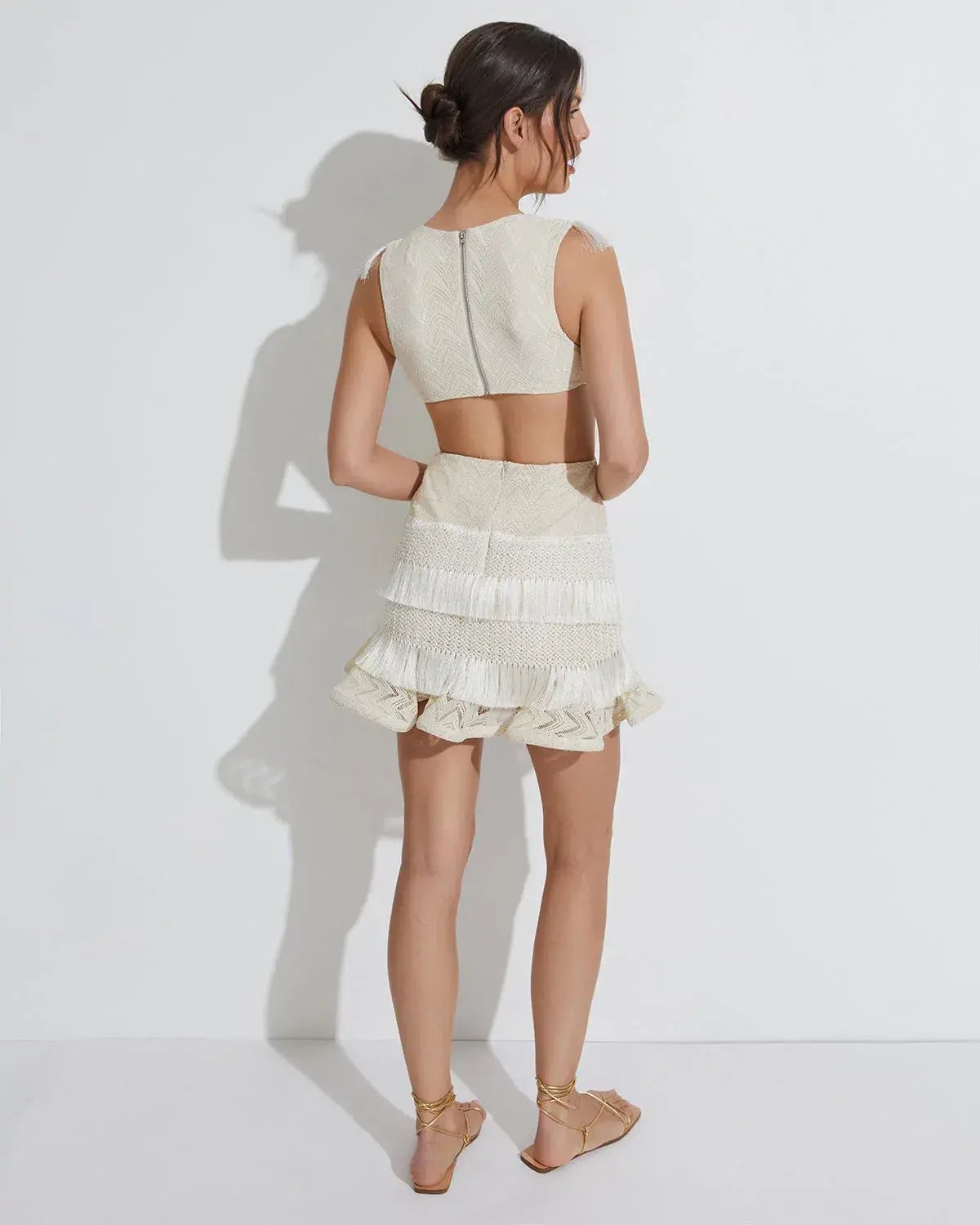 PATBO x Alessandra Plunge Fringe Trim Mini Dress Cream Size 4/ AU 8 photo 2