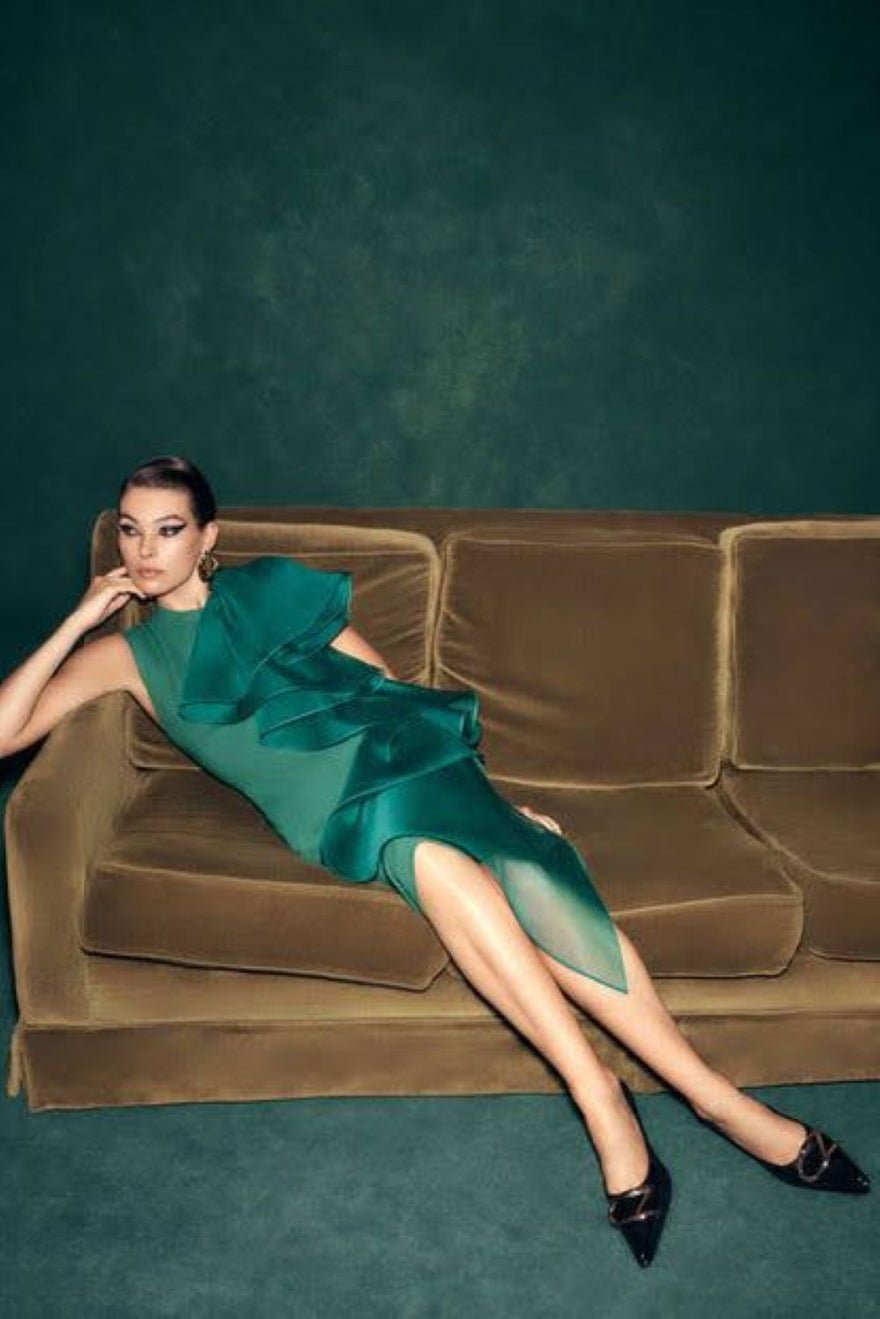 Carla Zampatti Emerald Crepe Ruffle Shoulder Dress photo 3