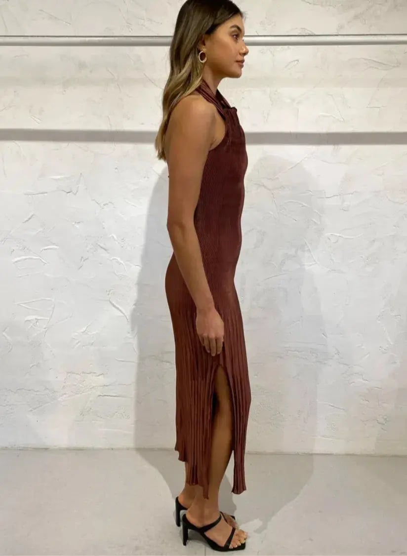 L'Idee Soiree Pleated Halter Dress in Chocolate Size 10 photo 6