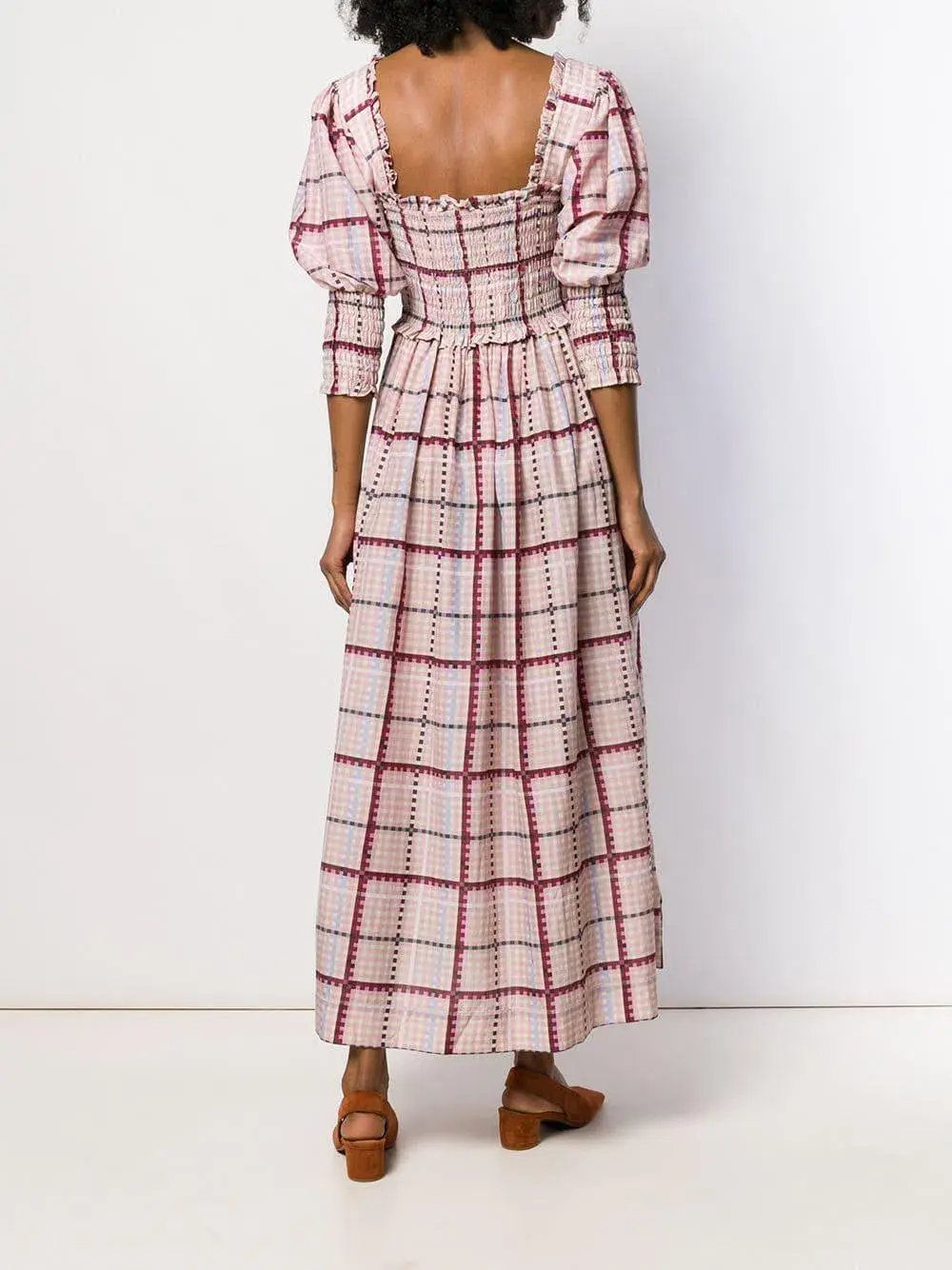 Ganni Ruched Seersucker Plaid Dress Pink Size 10 photo 2