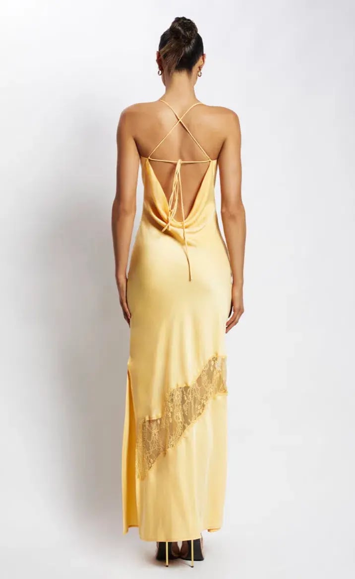 Meshki Chandra Lace Detail Satin Maxi Dress Lemon Size 6 photo 2