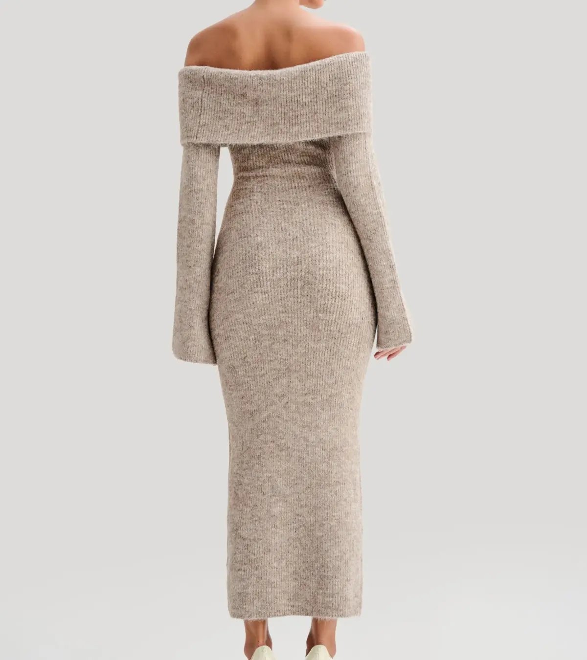Meshki Baxter Off Shoulder Fluffy Knit Midi Dress Taupe Marle Size L / AU 12 photo 3