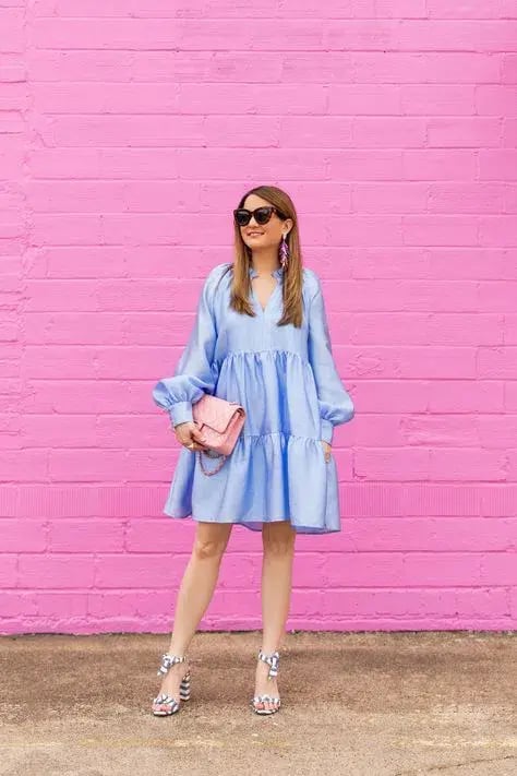 Stine Goya Jasmine Tiered Long Sleeve Shift Dress In Light Blue Size 12 photo 2
