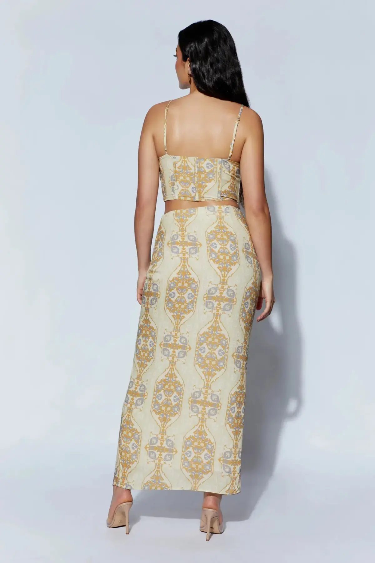 Meshki Cyra Corset Top And Afra Front Ruched Midi Skirt Persian Print Beige Size AU 8 photo 3