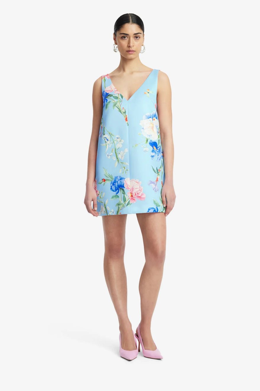 Leo Lin Kaelyn V Neck Mini Dress - Garden Print in Baby Blue photo 4