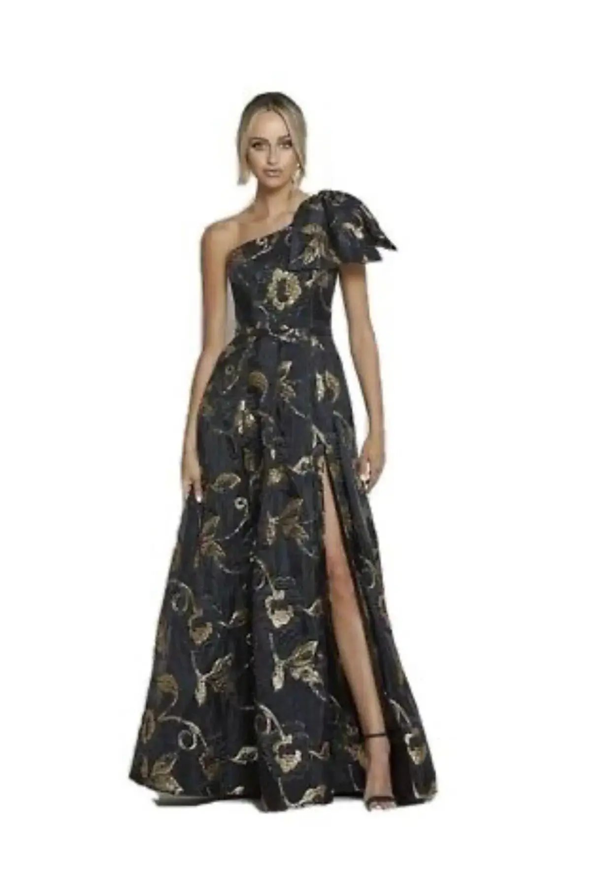 Bariano Olympia One Shoulder Gown Black/Gold Size 8 photo 2