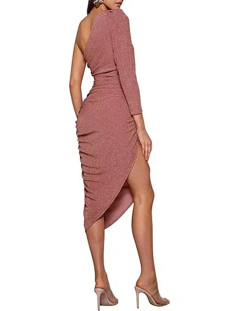 Elle Zeitoune Rose Gold Midi One Shoulder Ruched Dress Blush Size AU 10 photo 3