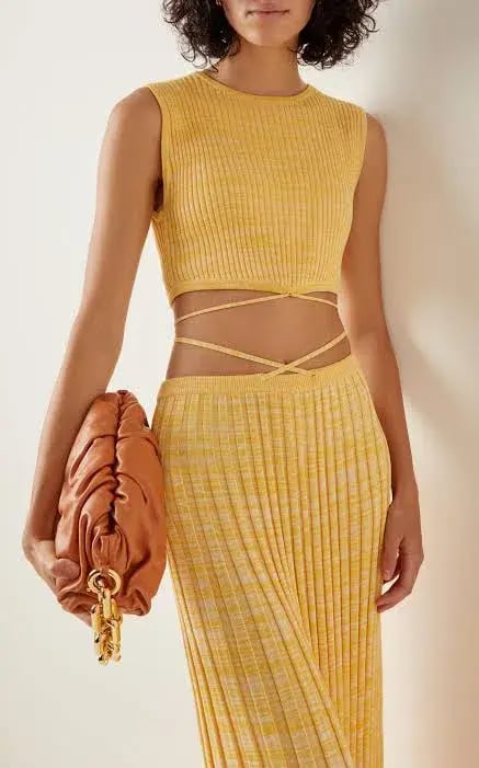 Christopher Esber Wrap Tie Knit Cropped Top and Pleated Knit Tie Midi Skirt Set Yellow Size 4 photo 3