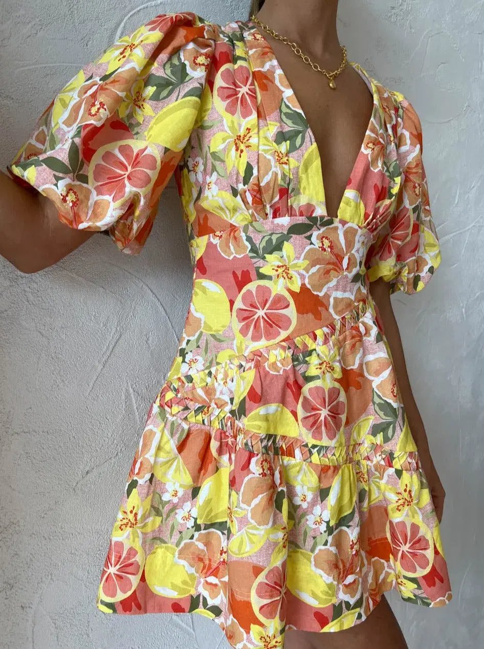 By Nicola Sol Puff Sleeve Mini Dress in Citrus Print Size 6 photo 5