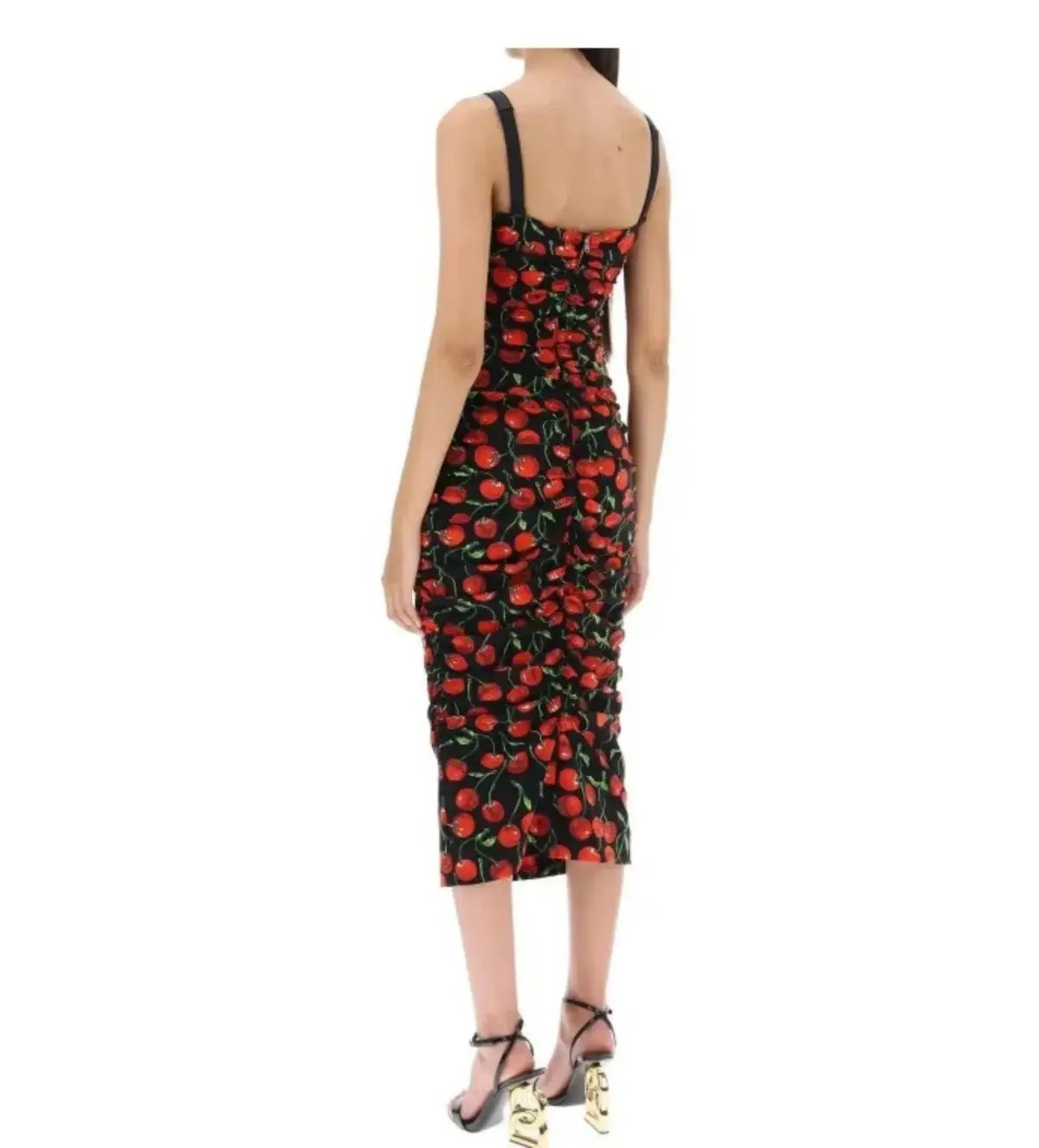 Dolce & Gabbana Cherry-Print Ruched Midi Dress Black Size AU 10 photo 3