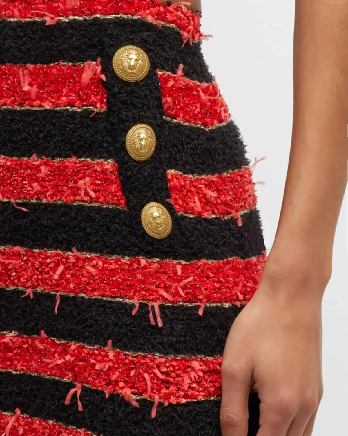 Balmain Button-embellished Striped Metallic Bouclé Mini Skirt In Red Size AU 8 photo 3