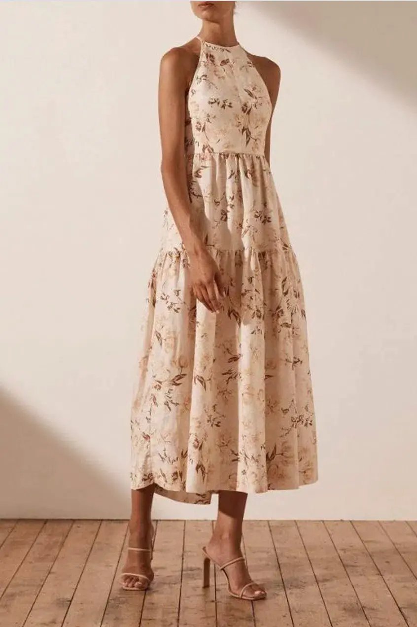 Shona Joy Roxanne Linen Open Back Tiered Midi Dress Beige Size AU 12 photo 2