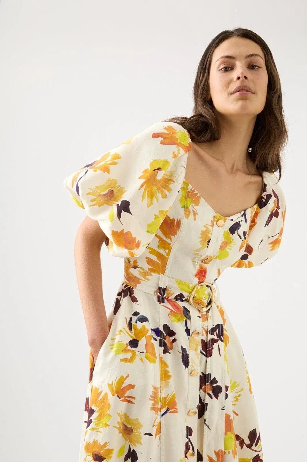 Aje Soleil Belted Midi Dress Pressed Sunflowers Size L / AU 12 photo 2