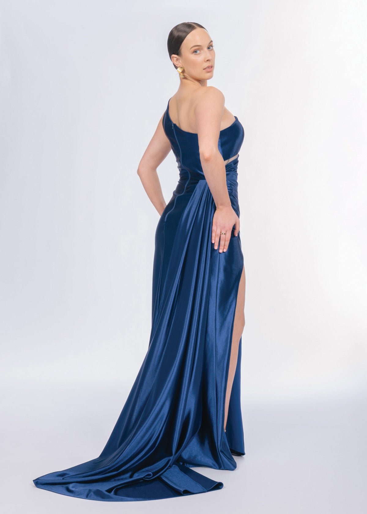 Lylian One Shoulder Gown in Navy Blue photo 4