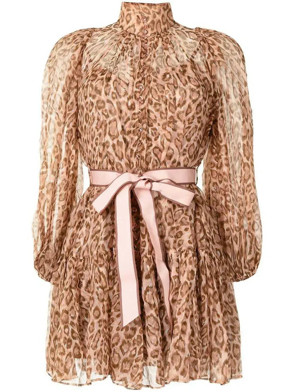 Zimmermann Tempo Bell Sleeve Mini Dress Pink Leopard Print Size 0 / AU 8 photo 5