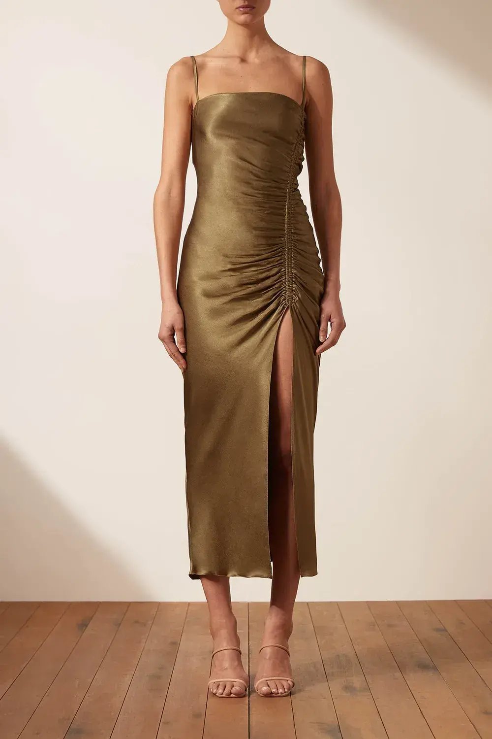 Shona Joy Thalia Bias Ruched Midi Dress Cumin Green Size 10 photo 2