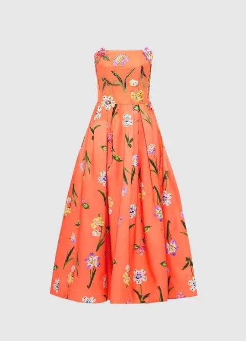 Leo Lin Lynn Bustier Midi Dress Coral Floral Size 14 photo 4