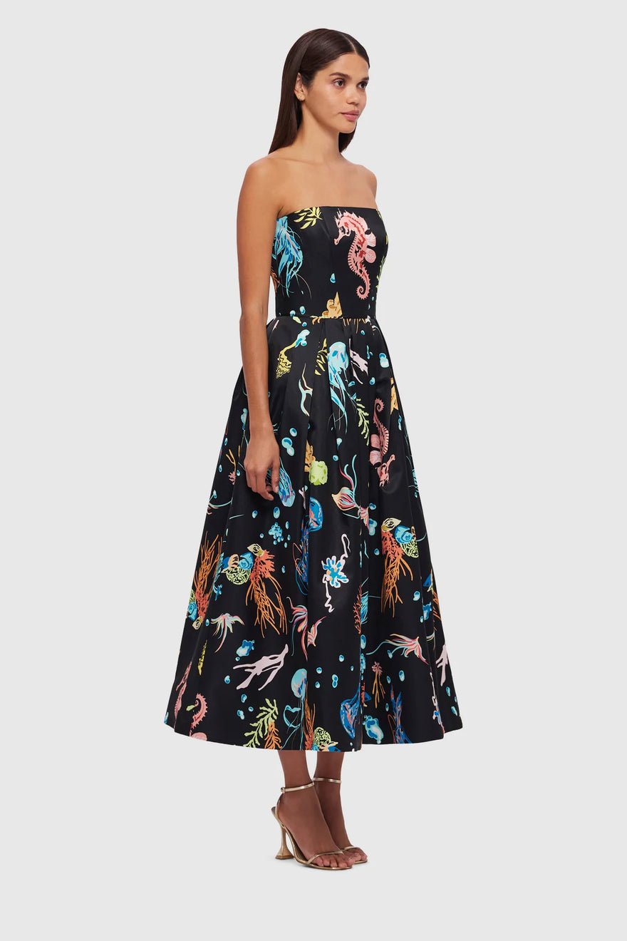 Leo Lin Leanne Bustier Midi Dress - Twilight Print in Black photo 4