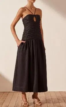 Shona Joy Thea Linen Keyhole Midi Dress Black Size AU 8 photo 2