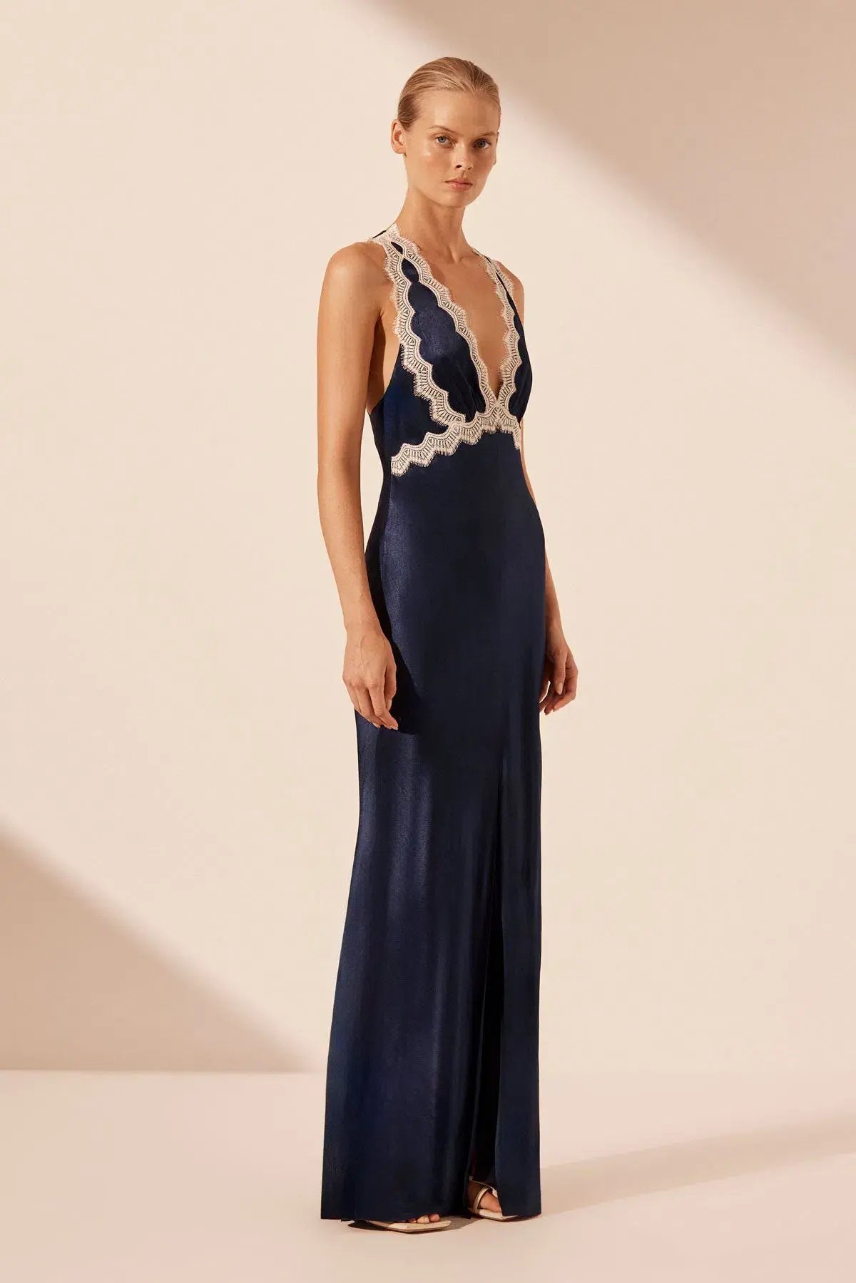 Shona Joy Camille Lace Cross Back Split Maxi Dress Midnight/Ivory Size 12 photo 2