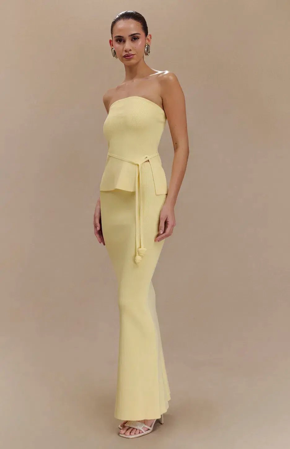 Meshki Keaton Strapless Rose Tie Knit Top and Fishtail Knit Maxi Skirt Set in Lemon Size 8 photo 2