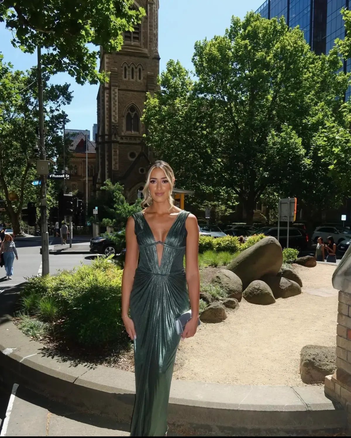 Roberto Cavalli Low V Neck Dress Green Metallic Size 8 photo 3