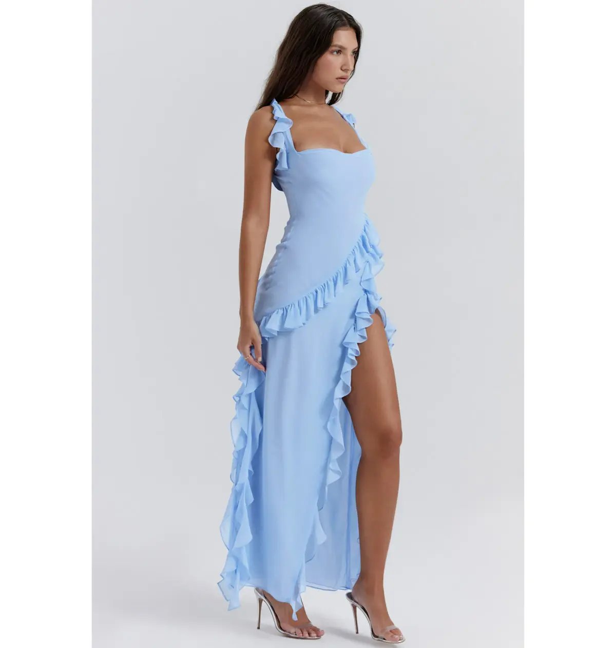 House Of CB Ariela Ruffle Maxi Dress Soft Blue Size Small / AU 8 photo 2