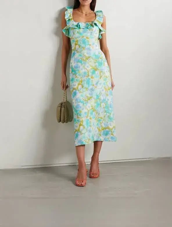 Zimmermann High Tide Frilled Midi Dress in Aqua Ikat Floral Size 1 / AU 10 photo 3