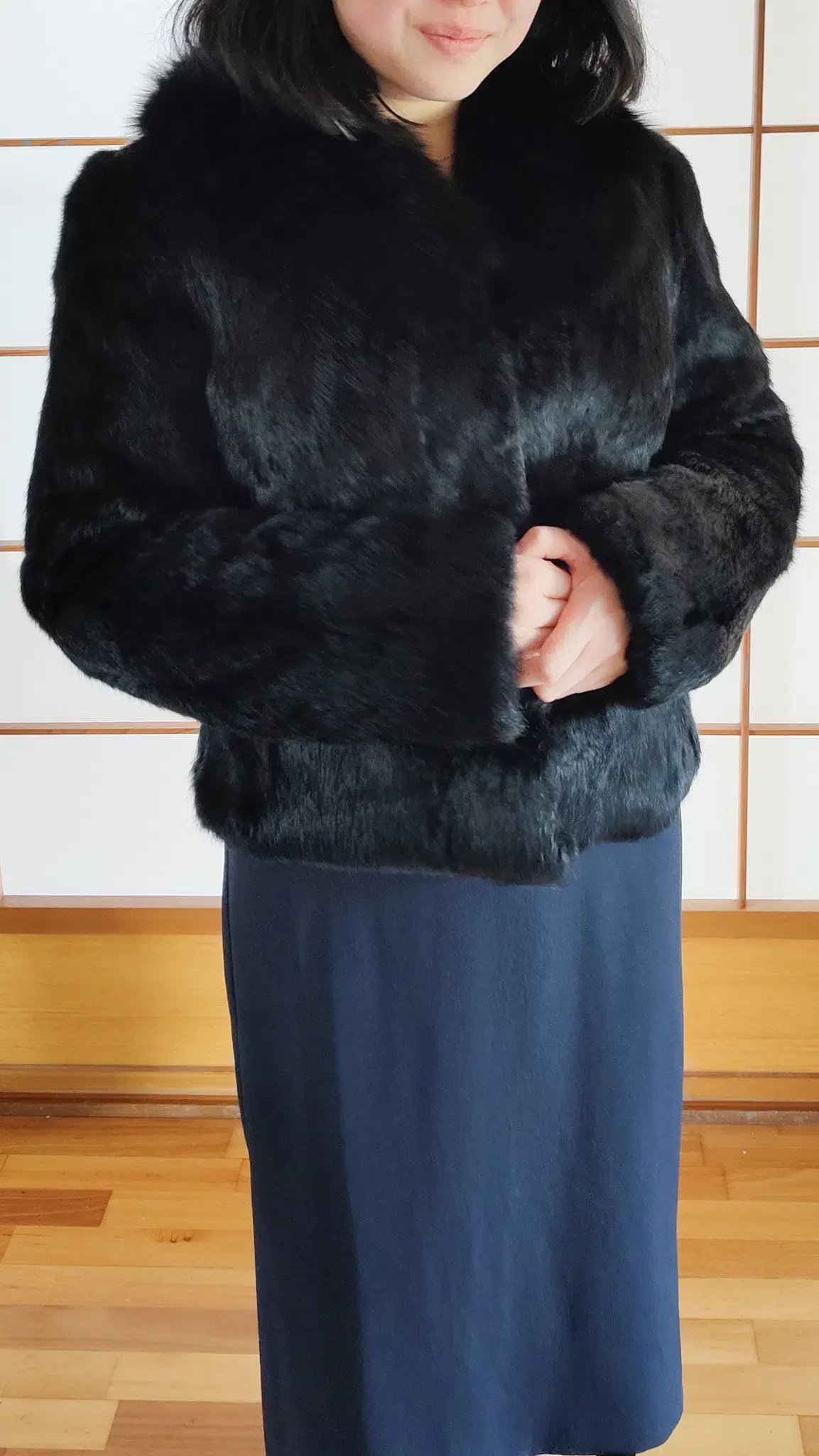 Black Genuine Rabbit Fur Jacket with Fox Collar in Small / AU 8 photo 2