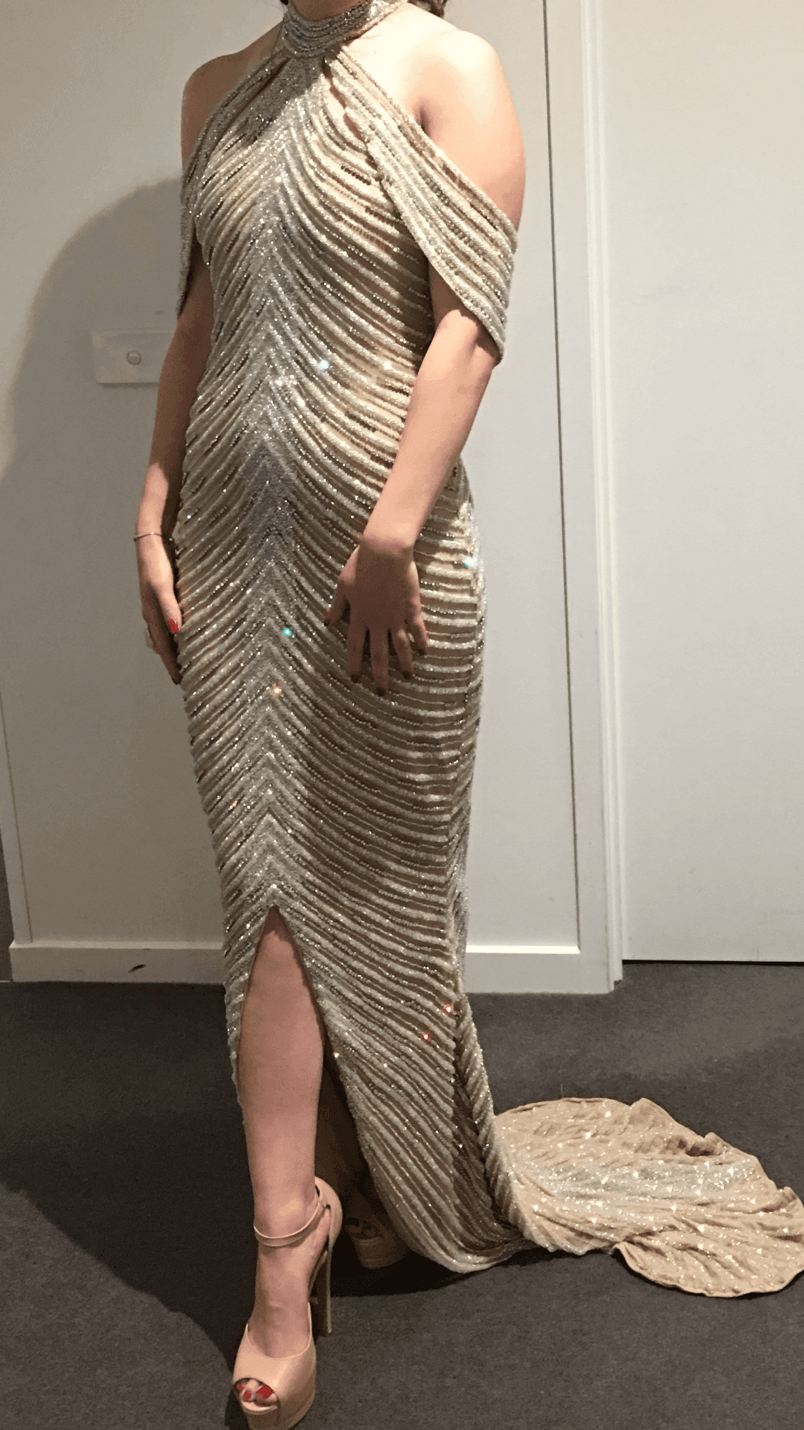 Portia and Scarlett Embellished Halter Gown Silver Nude Size 6 photo 3