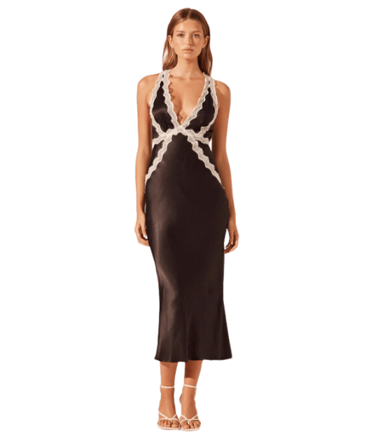Shona Joy Camille Lace Cross Back Midi Dress - Black/Ivory photo 8