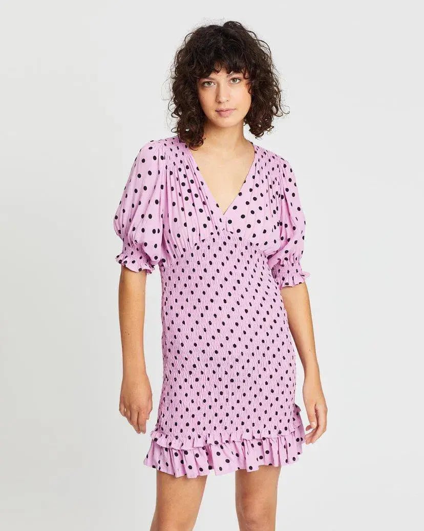 FAITHFULL THE BRAND Womens Purple Polka Dot Pouf Short Sheath Dress photo 3