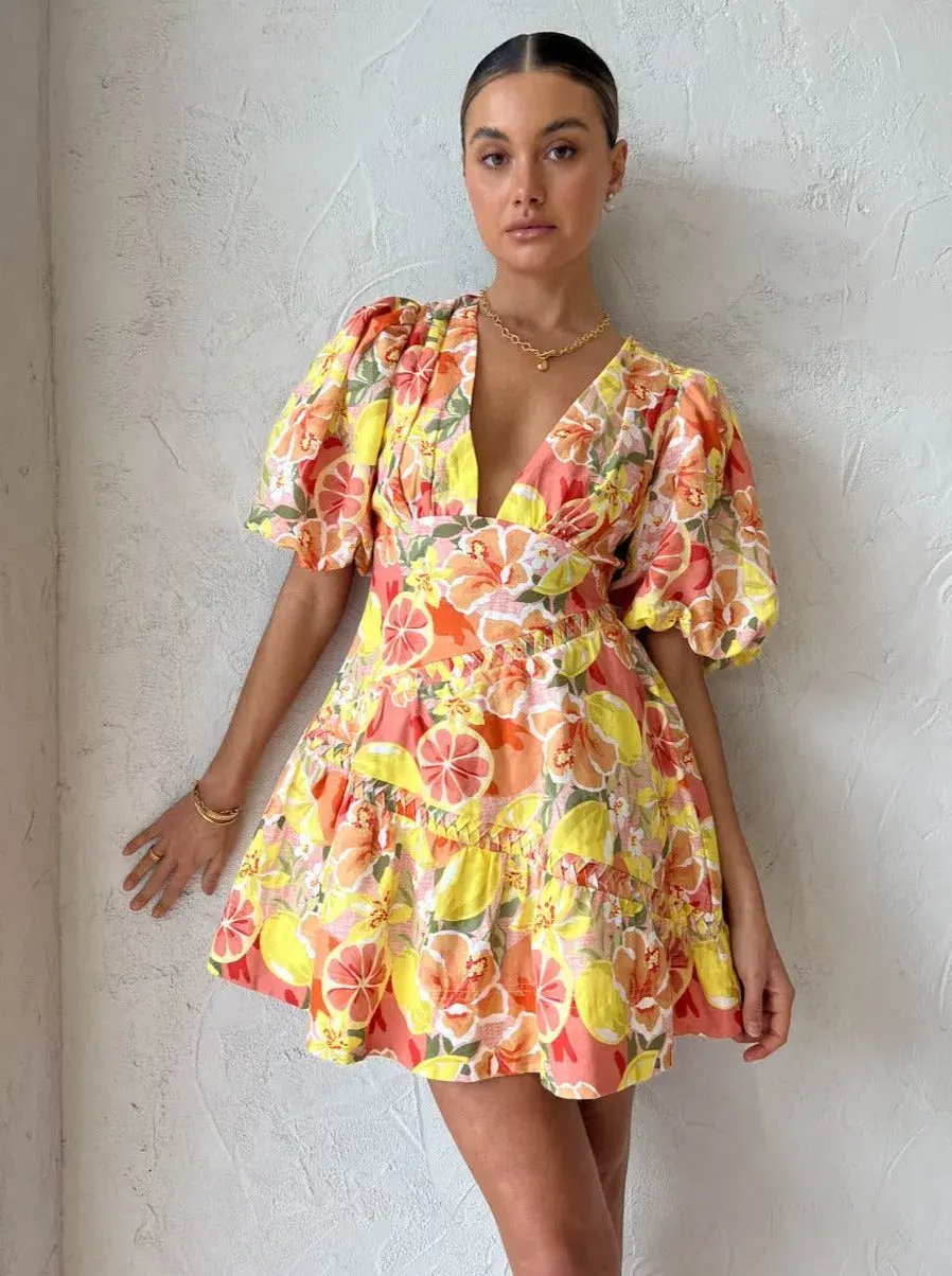By Nicola Sol Puff Sleeve Mini Dress in Citrus Print Size 6 photo 3