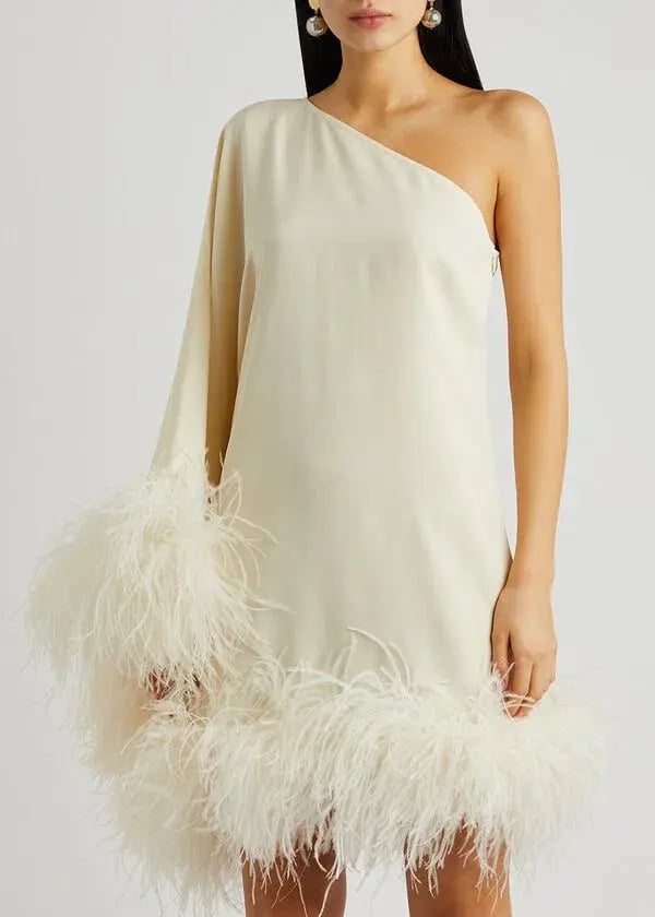 Taller Marmo Piccolo Ivory Feather Trimmed One Shoulder Mini Dress Ivory Size 10 photo 2