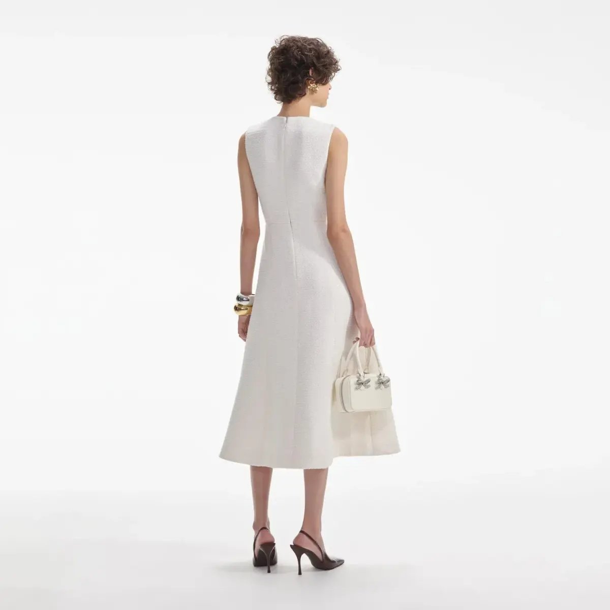 Self-Portrait Cream Tinsel Boucle Buttoned Midi Dress Size 10 photo 3