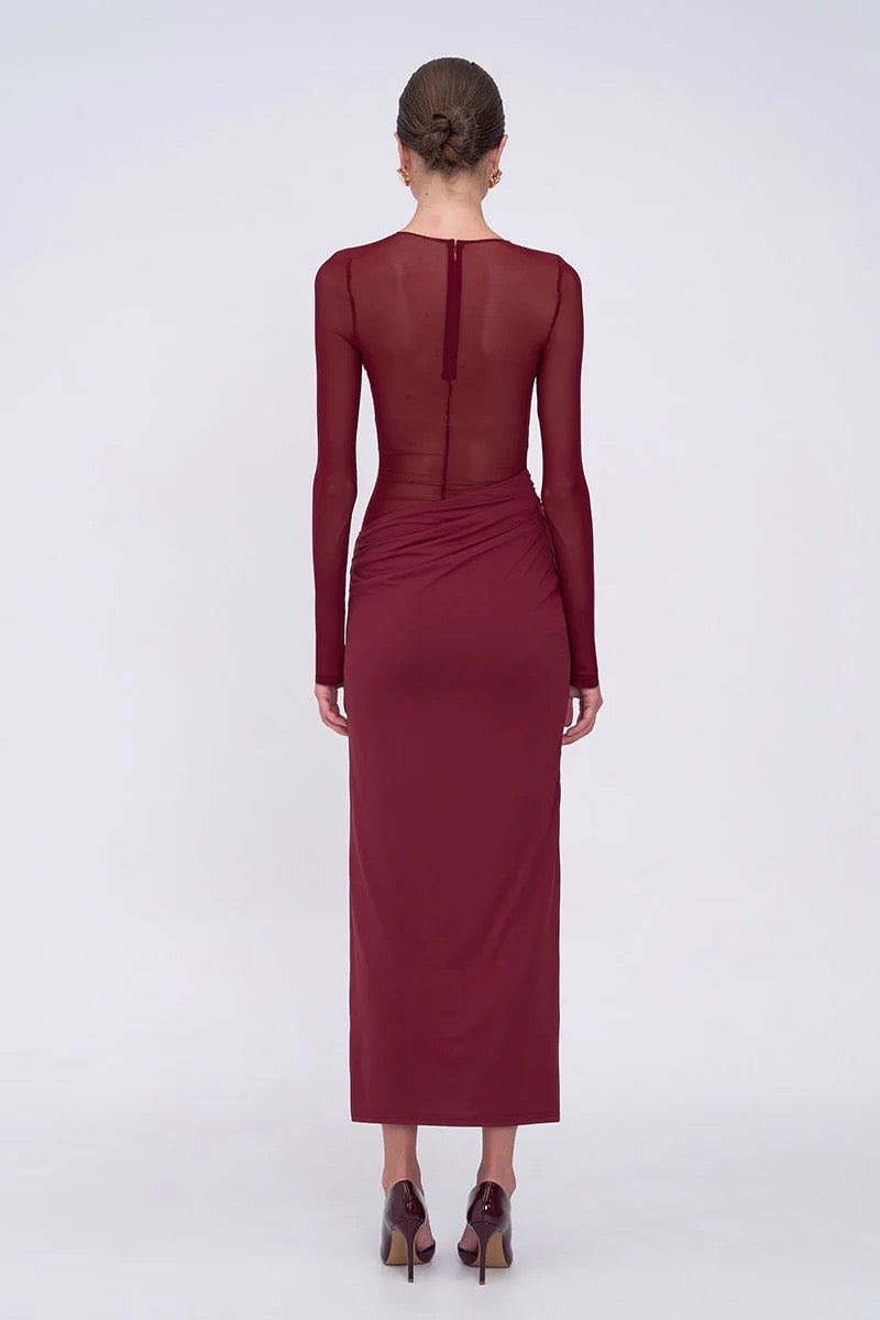 Suboo Auguste Long Sleeve Mesh Jersey Maxi Dress - Bordeaux photo 2