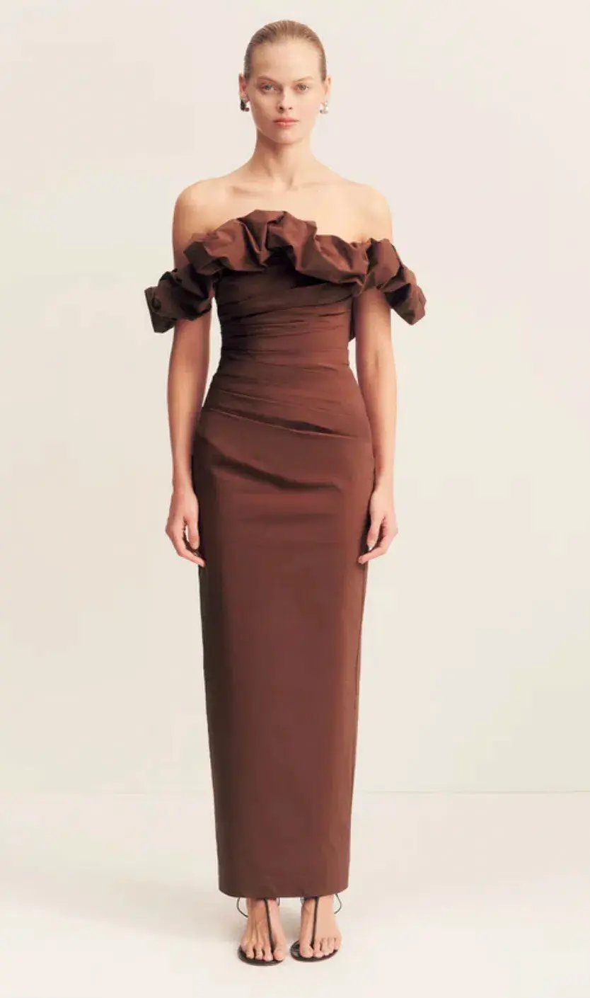 Shona Joy Cambell Ruffle Draped Maxi in Espresso Size 12 photo 2