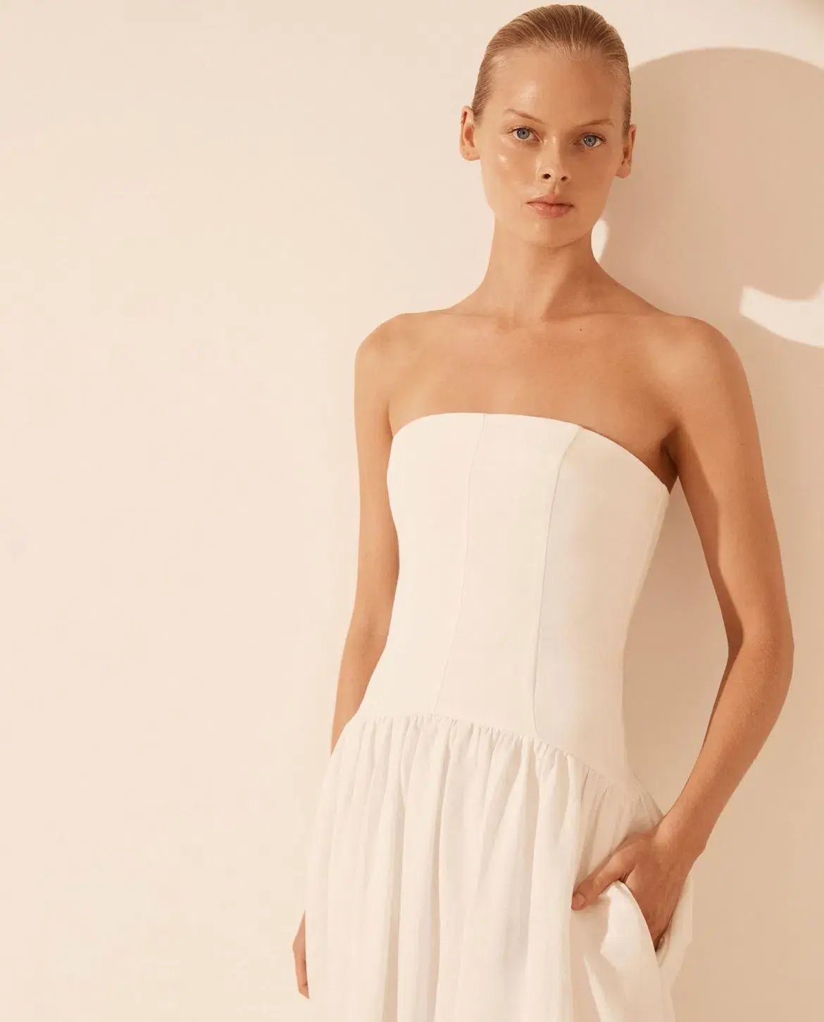 Shona Joy Blanc Linen Strapless Panelled Maxi Dress Ivory Size 8 photo 2