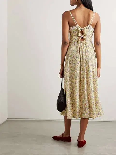 Doen Venus Corded Lace Trimmed Floral Silk Midi Dress Size AU 8 photo 4
