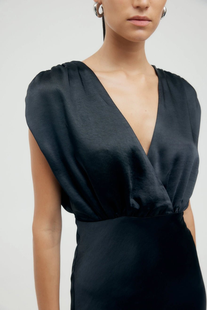 Third Form Satin Cross Over Gather Dress - Black photo 4