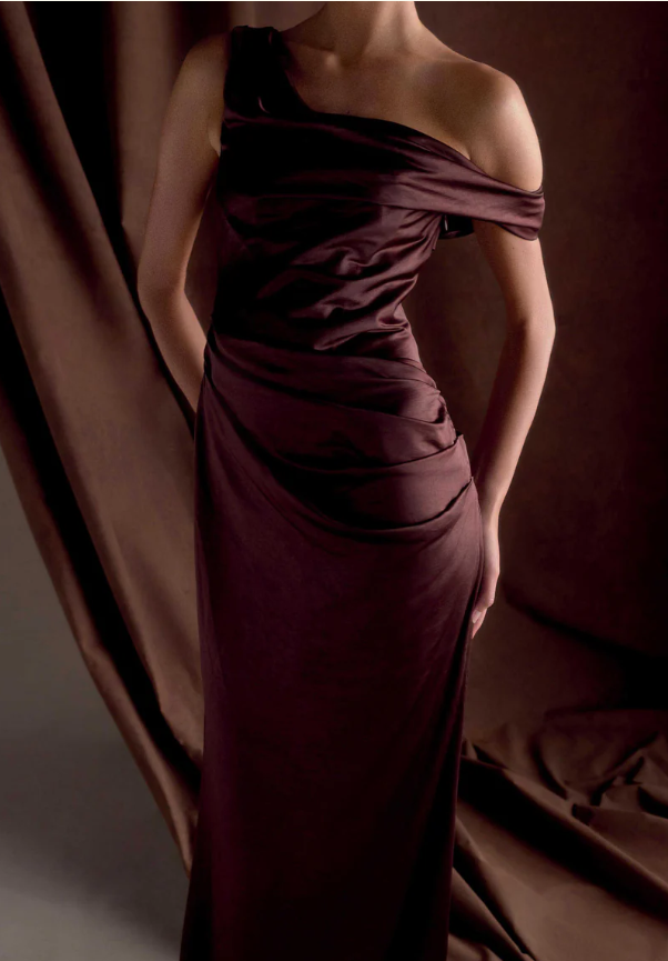 Meshki Dalia Off Shoulder Satin Dress Chocolate Brown photo 2