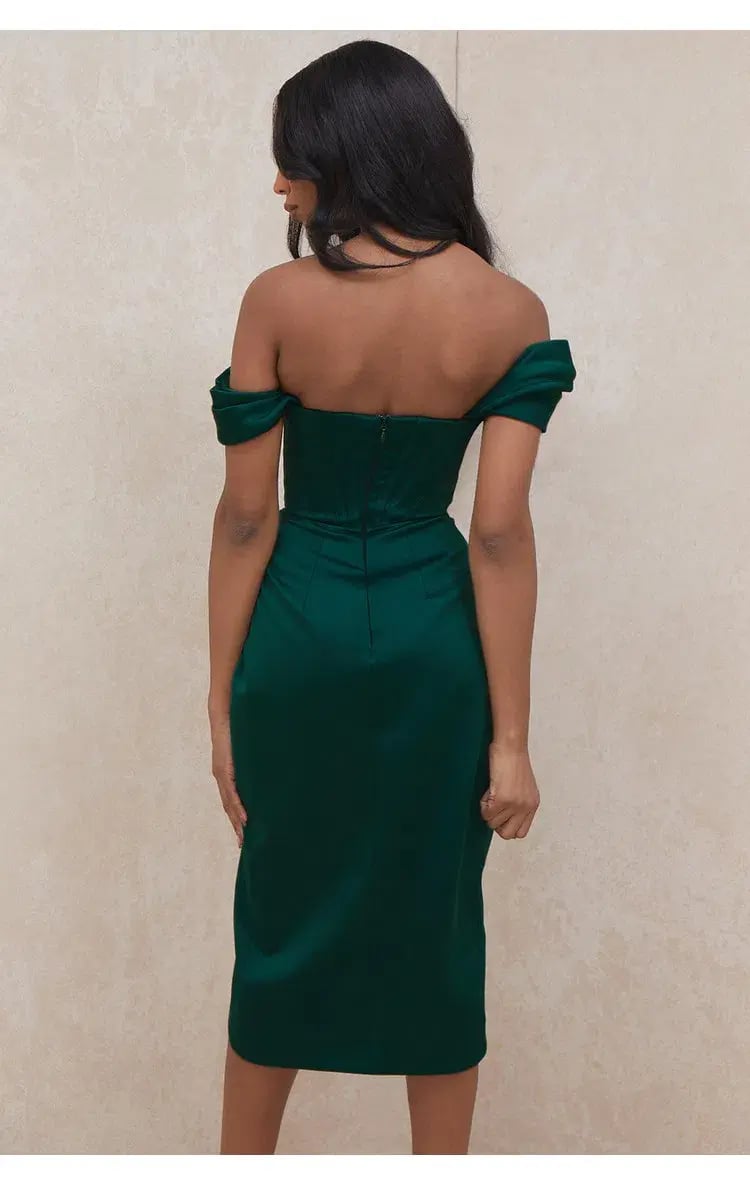 House of CB Loretta Satin Off Shoulder Dress Emerald Green Size L / AU 12 photo 6
