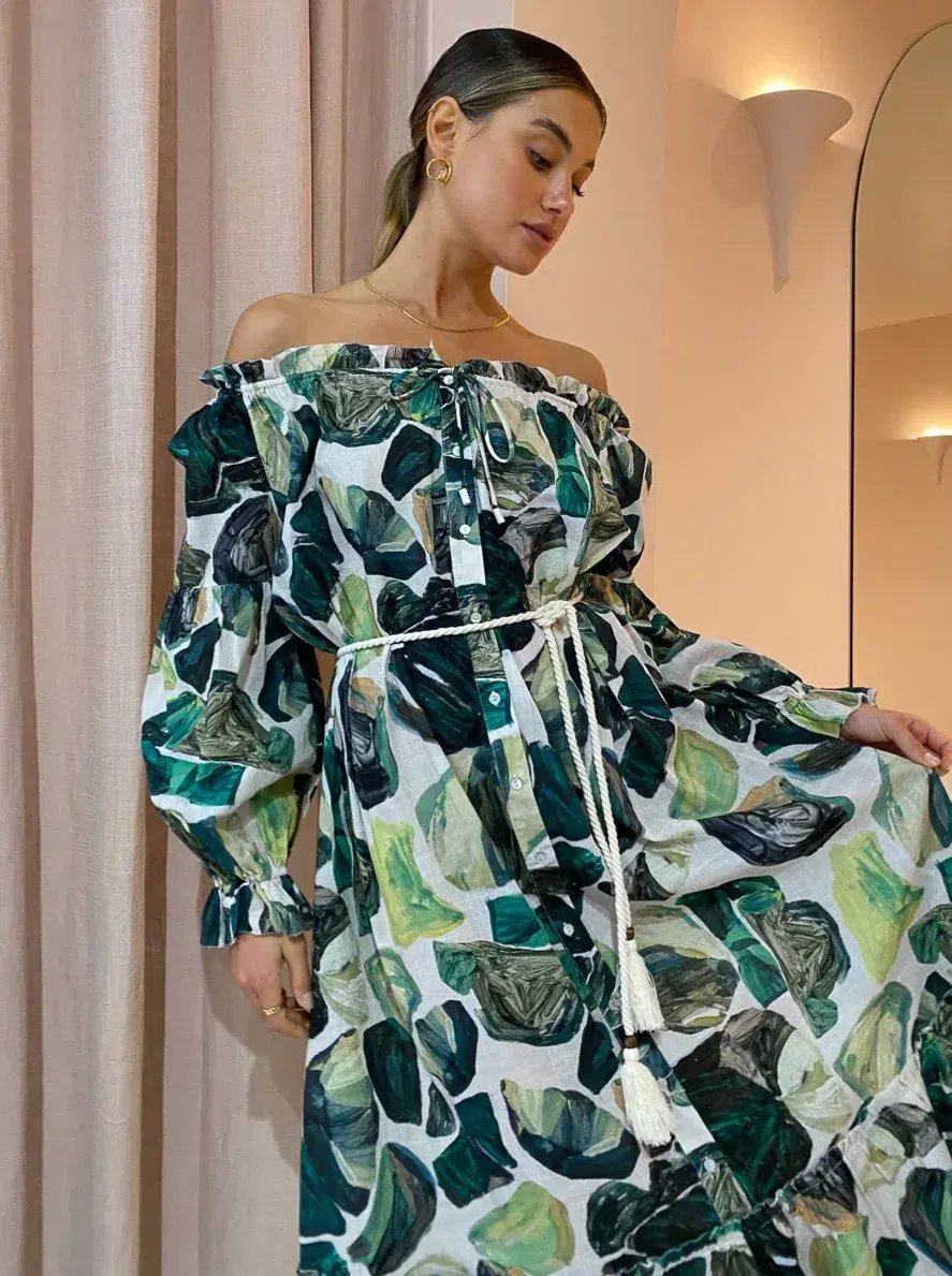 Alemais Siena Off Shoulder Shirt Midi Dress In Green Floral Long Sleeve Green Size AU 14 photo 3