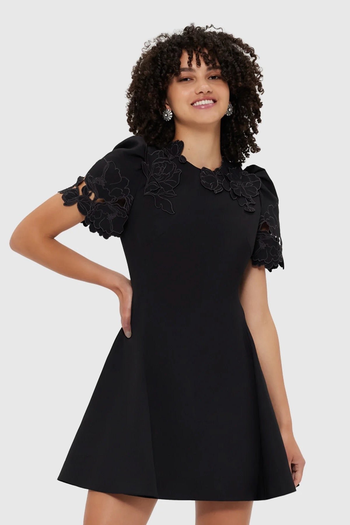 LEO LIN ELYSE APPLIQUÉ SHORT SLEEVE MINI DRESS - EBONY photo 2