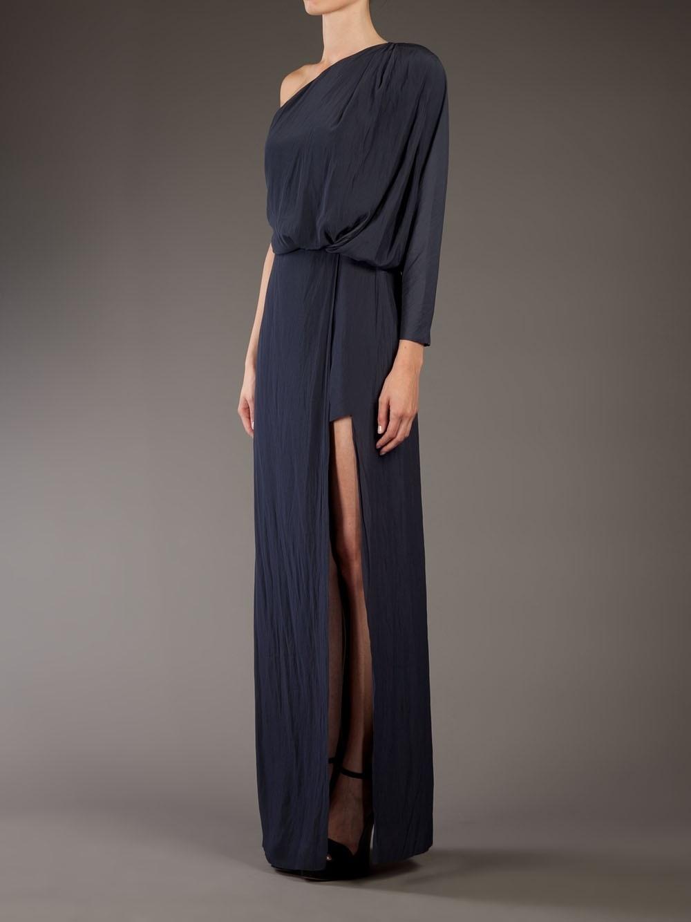 Acne Studios Emile One Shoulder Draped Maxi Silk Dress Dark Blue Size 4 photo 3