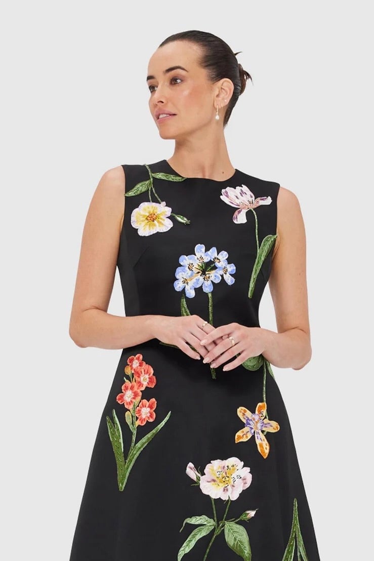Leo Lin Cleo Embroidery Midi Dress - Botanical Print in Ebony photo 4
