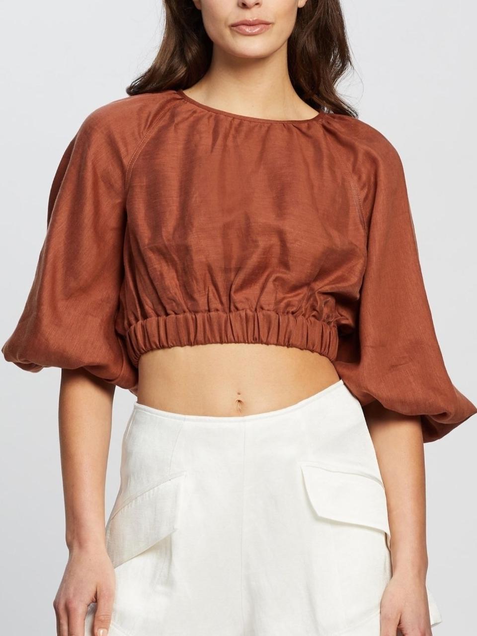 Shona Joy Elsa Balloon Sleeve Crop Top Brown Size 12 photo 2