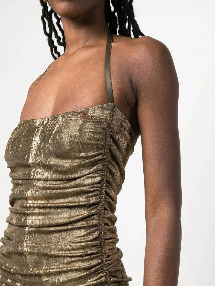 Diesel Metallic Ruched Halterneck Gown in Gold photo 4