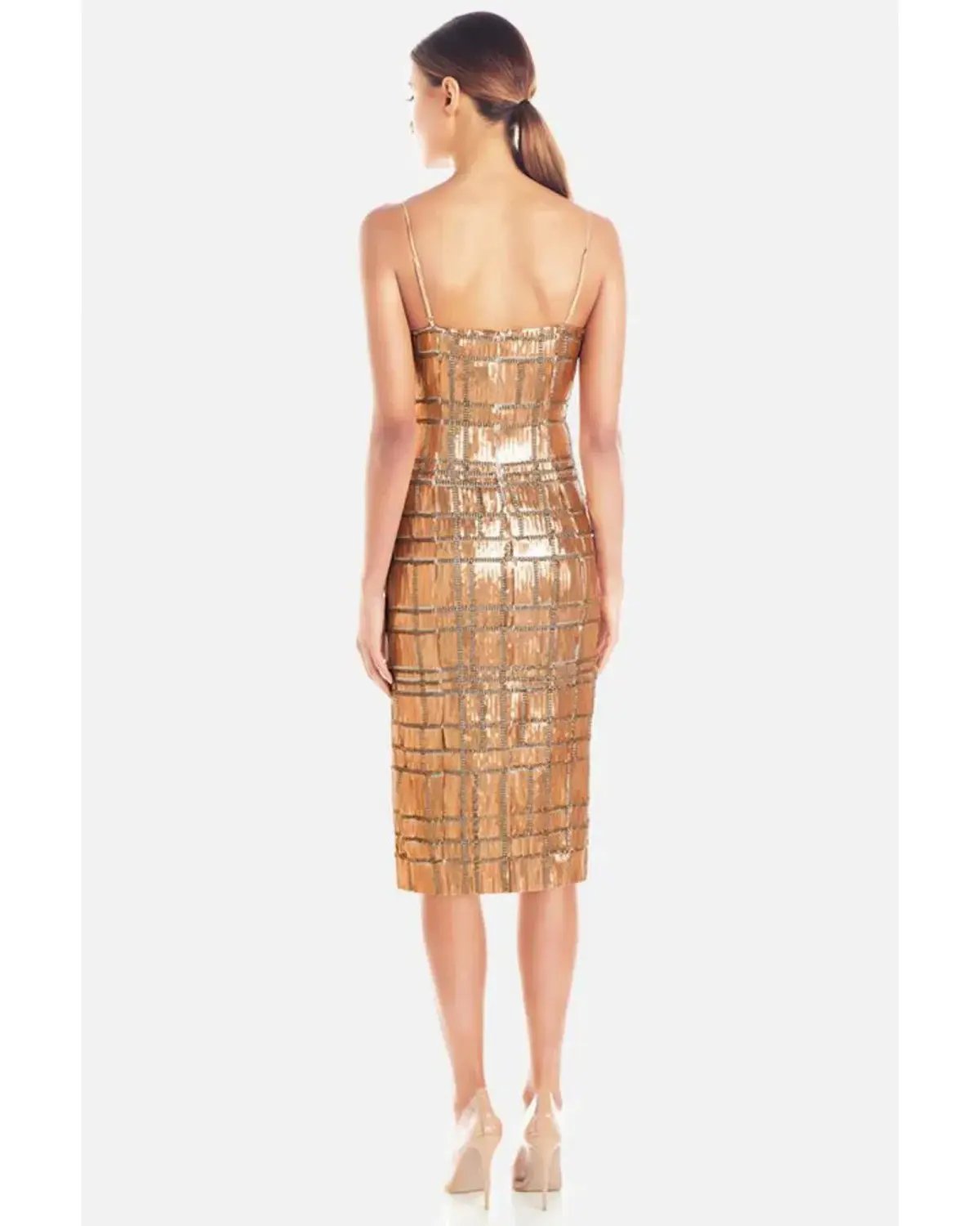 Misha Yvette Spaghetti Strap Thigh Split Midi Dress in Gold Sequin Size 10 photo 2